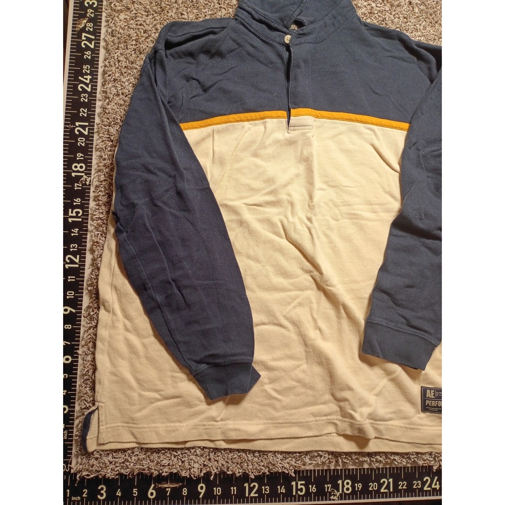 American Eagle Performance Mens XL Long Sleeve Polo Shirt Blue Cream Colorblock